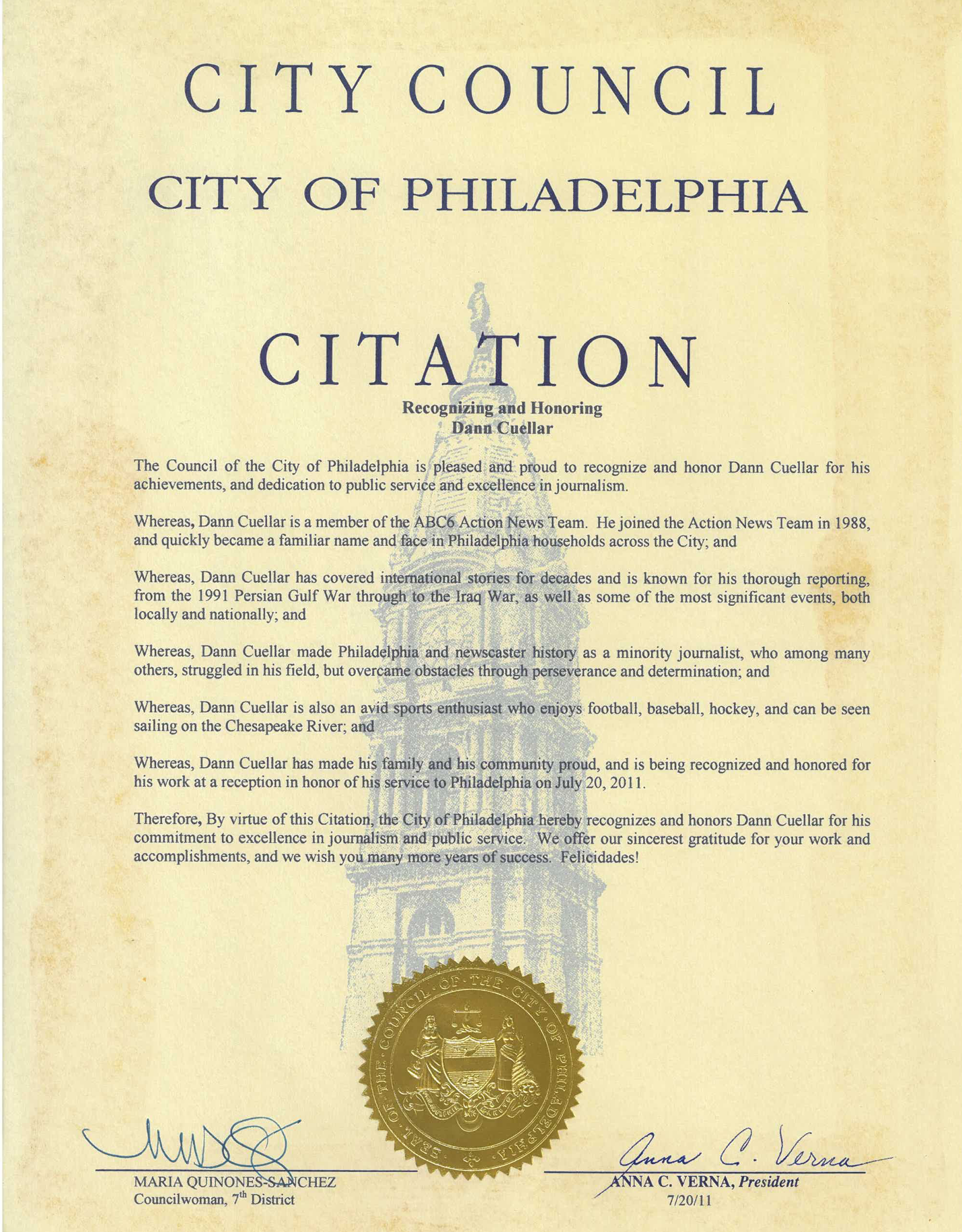 City Council of Philadelphia citation recognizing and honoring Dann Cuellar