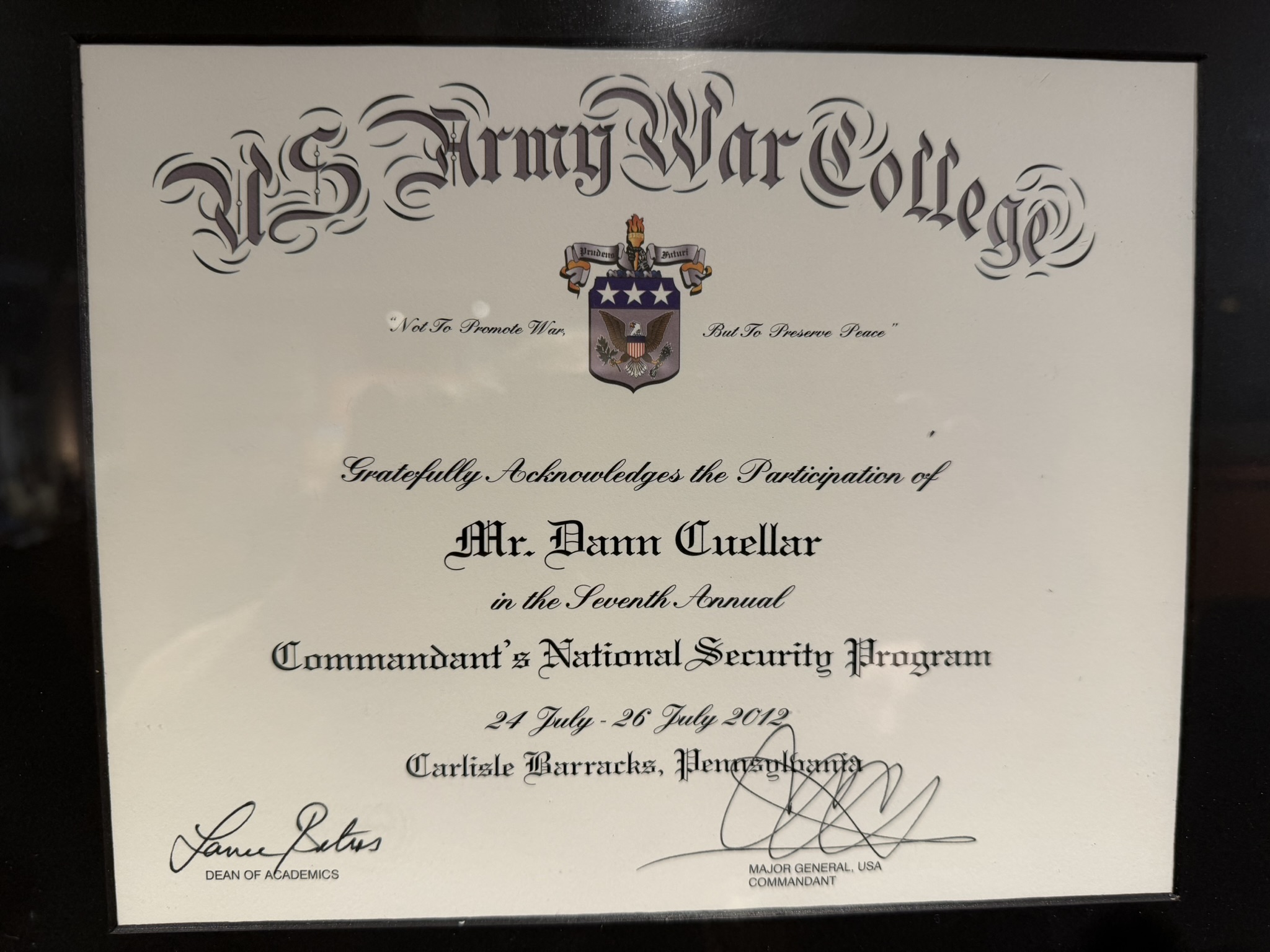 U.S. Army War College certificate acknowledging Dann Cuellar's participation in the Commandant's National Security Program
